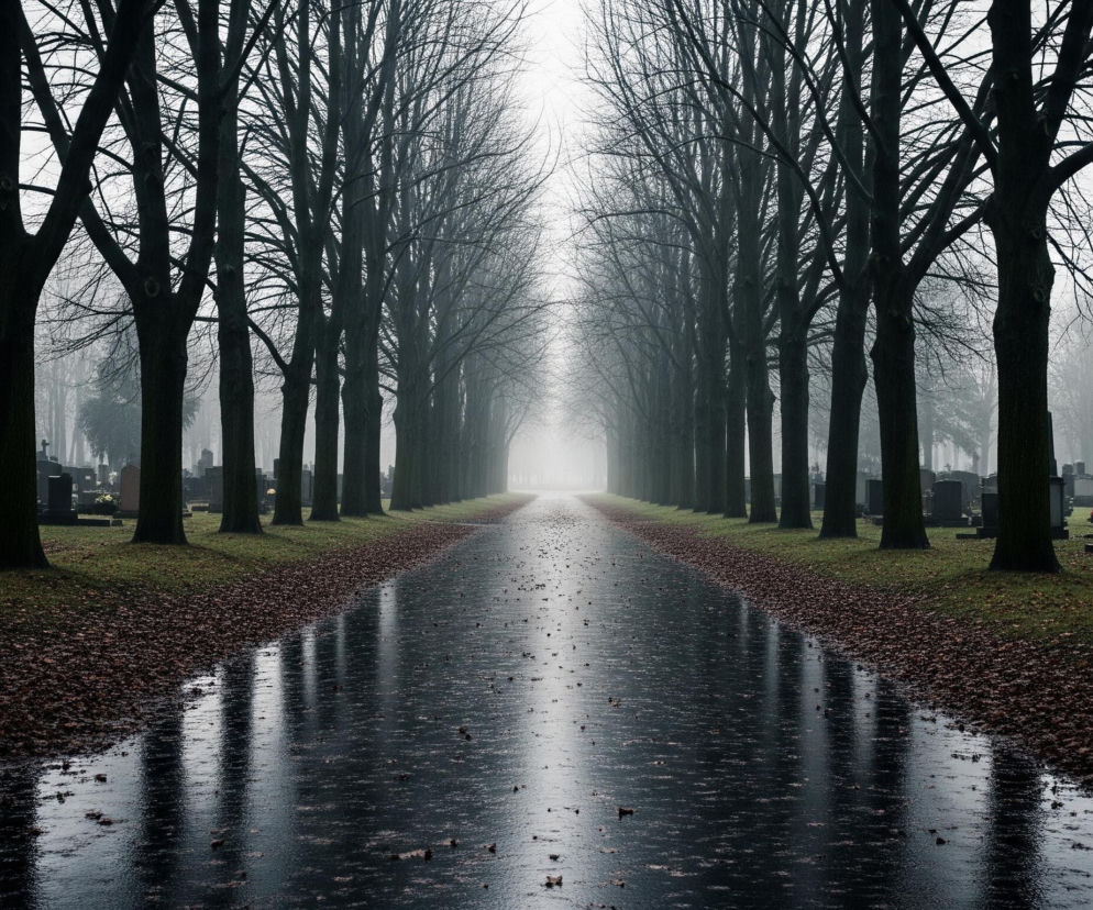 Długa, prosta droga biegnie przez środek kadru, odbijając światło od mokrej powierzchni, co sugeruje niedawny deszcz. Po obu stronach drogi rosną rzędy wysokich, bezlistnych drzew o ciemnych pniach i gałęziach, które zbiegają się w oddali, tworząc perspektywiczny tunel. Pomiędzy drzewami a drogą znajduje się wąski pas trawiastej ziemi pokryty rozrzuconymi brązowymi liśćmi. Poza rzędami drzew, w tle po obu stronach drogi, widać liczne nagrobki i pomniki, tworzące cmentarny krajobraz, który stopniowo zanika w gęstej, szarej mgle.