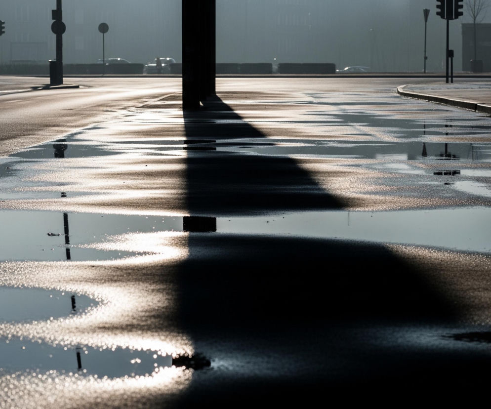 Mokry asfalt ulicy rozciąga się w głąb obrazu, lśniąc odbiciami światła słonecznego tworzącego liczne, jasne plamy na ciemnej powierzchni kałuż. Duży, pionowy, ciemny słup rzuca długi, trapezoidalny cień na nawierzchnię, dzieląc obraz niemal na pół. W tle, w szaroburej mgle, widoczne są sylwetki budynków, drzew i znaków drogowych, w tym sygnalizatory świetlne z widocznymi czerwonymi światłami, oraz zarysy samochodów. Prawy dolny róg zdjęcia jest zdominowany przez ciemny obszar cienia, a ogólny nastrój jest chłodny i stonowany, z dominacją ciemnych szarości, czerni i odbić bladego, niebieskawego światła.