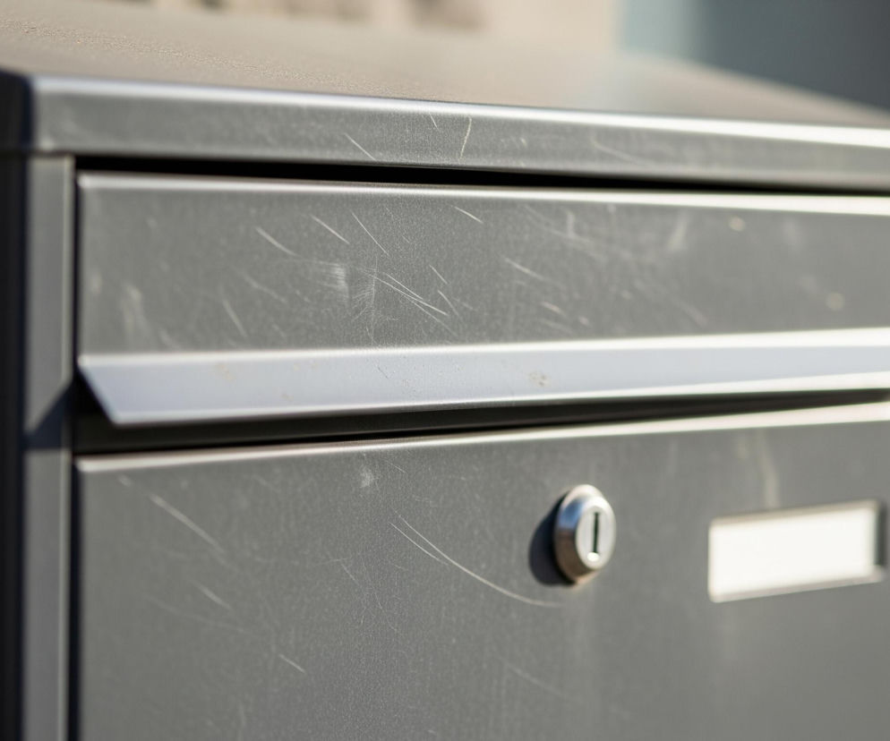 Srebrna, metalowa skrzynka pocztowa zajmuje większą część kadru. Jej górna powierzchnia jest lekko matowa, a frontowa część obfituje w liczne, jasne rysy i zarysowania. Poniżej górnej klapy znajduje się wąska szczelina na listy, chroniona przez lekko wysunięty, poziomy element. Niżej widoczny jest okrągły zamek z pionowym otworem na klucz oraz prostokątne, białe pole, prawdopodobnie przeznaczone na etykietę lub numer. Tło jest rozmyte, z jasnym pasem u góry i ciemniejszymi obszarami po prawej stronie.