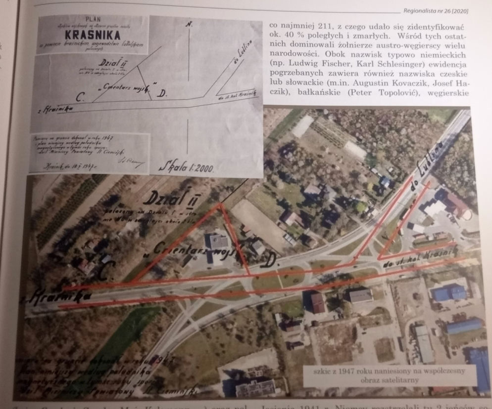 Szkic z 1947 roku naniesiony na współczesny obraz satelitarny