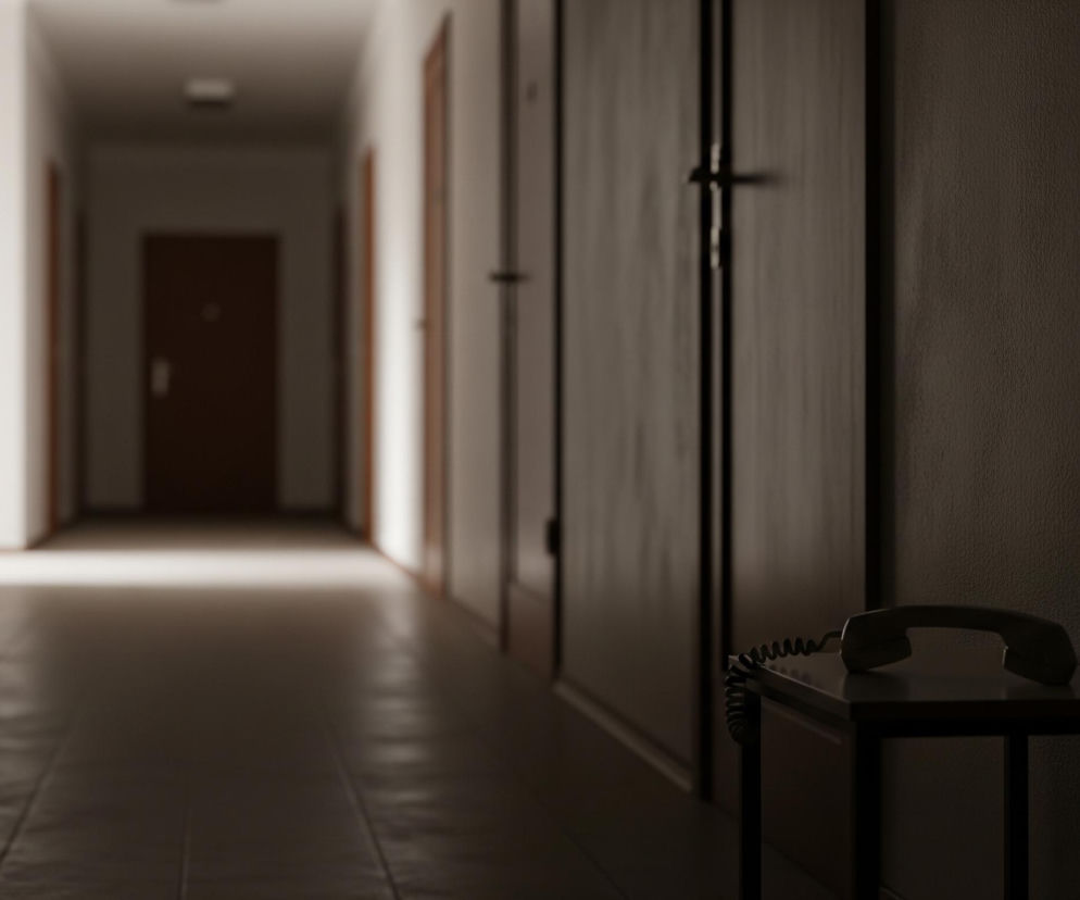 Na pierwszym planie, po prawej stronie, leży słuchawka starego telefonu w kolorze jasnoszarym na małym, ciemnym stoliku. Za stolikiem rozciąga się długi korytarz z wieloma drzwiami po obu stronach, których brązowe odcienie są widoczne w głębi. Podłoga korytarza jest pokryta jasnymi płytkami, które odbijają światło z dalekiego końca, tworząc wyraźny smugę jasności. Ściany po lewej i prawej stronie są w neutralnym, jasnym kolorze, a całe ujęcie jest utrzymane w stonowanej, lekko mrocznej atmosferze, z wyjątkiem rozjaśnienia w oddali.