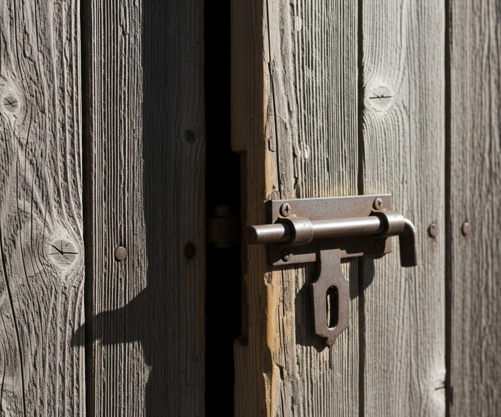 Częściowo otwarte drzwi lub brama, zbudowane z pionowo ułożonych, szarych desek z widocznymi słojami i sękami, wypełniają całą kompozycję. Pośrodku prawej strony obrazu znajduje się zardzewiała, metalowa zasuwa w kształcie pręta z uchwytem, mocno przytwierdzona czterema śrubami do jednej z desek. Światło słoneczne pada z lewej strony, tworząc wyraźne cienie na deskach oraz pod elementami zasuwy, co podkreśla ich trójwymiarowość i surową fakturę.