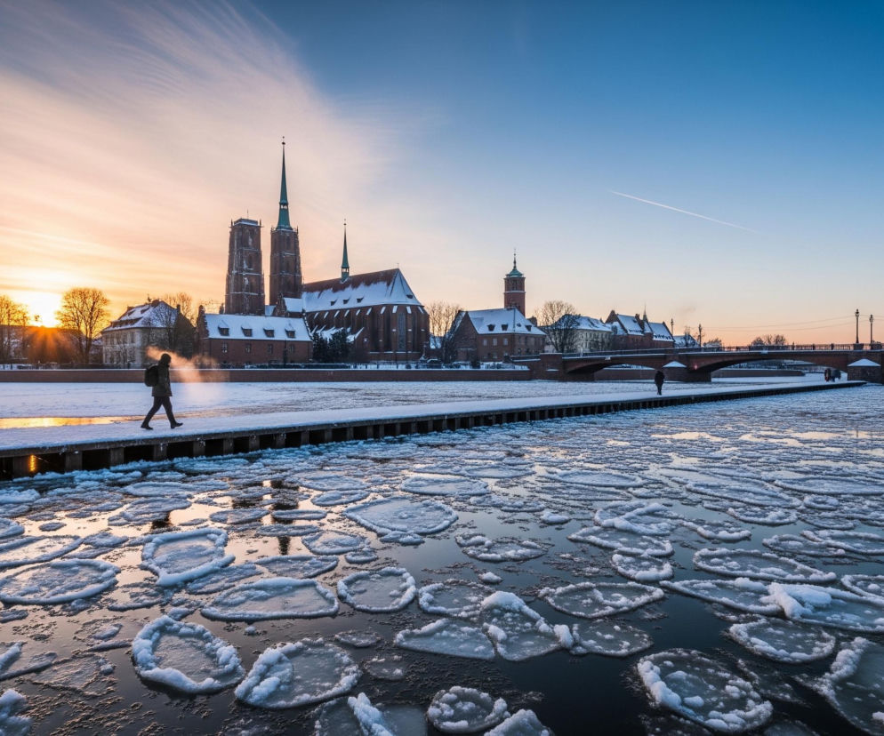 Na pierwszym planie widoczna jest rzeka pokryta licznymi, zaokrąglonymi płatami lodu i kry, odbijająca pomarańczowe światło zachodzącego słońca. Wzdłuż lewego brzegu biegnie drewniana kładka, po której idzie pojedyncza osoba w ciemnej kurtce z plecakiem, a kawałek dalej widać sylwetkę kolejnej osoby. Za kładką rozciąga się zaśnieżony brzeg, a na nim, w tle, dominuje duży kompleks zabytkowych budynków z dwoma wysokimi wieżami i szpiczastymi zielonymi dachami, pokrytymi białym śniegiem. Całość oświetla zachodzące słońce, tworząc pomarańczowo-błękitny gradient na niebie, przechodzący od jasnej pomarańczy przy horyzoncie do intensywnego błękitu w górnej części obrazu.