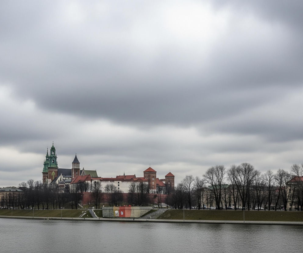 Rzeka zajmuje dolną jedną trzecią kadru, jej ciemna, pofalowana tafla odbija szare, zachmurzone niebo, które wypełnia górną połowę obrazu. Na horyzoncie, po drugiej stronie rzeki, widoczny jest kompleks budynków z dominującą konstrukcją z zielonym dachem i wieżyczkami po lewej stronie. Tuż pod tymi budowlami rozciąga się pasmo drzew o nagich gałęziach, za którymi widać kolejne, niższe zabudowania o jasnych fasadach i czerwonych dachach. Poniżej drzew znajduje się zielony, trawiasty brzeg z kilkoma słupkami oświetleniowymi i betonowymi umocnieniami, a na nim widoczne są schody i elementy infrastruktury.
