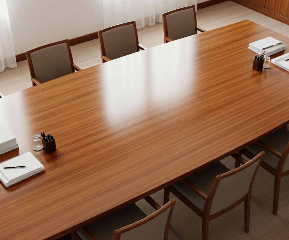 Długi, prostokątny stół konferencyjny z polerowanego ciemnobrązowego drewna dominuje w centrum pomieszczenia. Wokół stołu ustawiono brązowe krzesła z obitymi jasnoszarą tkaniną oparciami i siedziskami. Na blacie stołu, po lewej i prawej stronie, leżą stosy białych kartek papieru z pojedynczymi czarnymi długopisami na wierzchu, a także brązowe pojemniki na długopisy i przezroczyste szklanki. W tle widać białą ścianę z dużym oknem zasłoniętym przezroczystymi, białymi zasłonami, a po prawej stronie drewniane szafki.