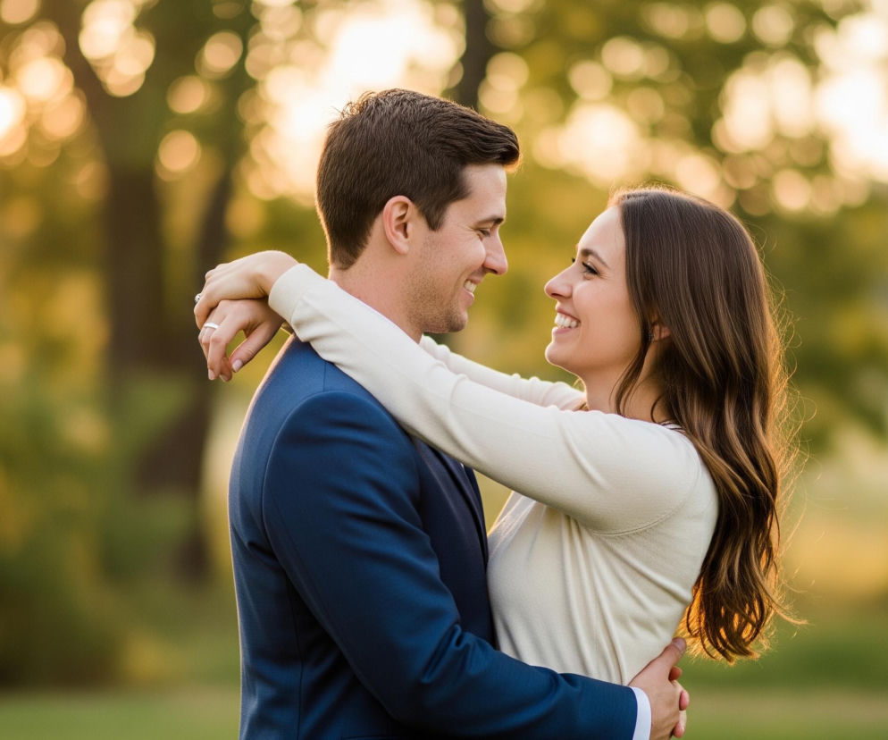 Młoda para stoi w objęciach, patrząc na siebie i uśmiechając się, z tłem rozmytych drzew i złotego światła. Mężczyzna, ubrany w granatową marynarkę, obejmuje kobietę w talii, podczas gdy ona ma na sobie kremowy sweter i obejmuje go za szyję. Tło to rozmyte zielono-żółte liście drzew i słońce, które tworzy jasne, ciepłe refleksy.
