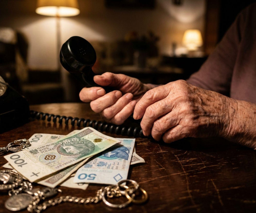 Dłonie seniorki przy telefonie i pieniądzach