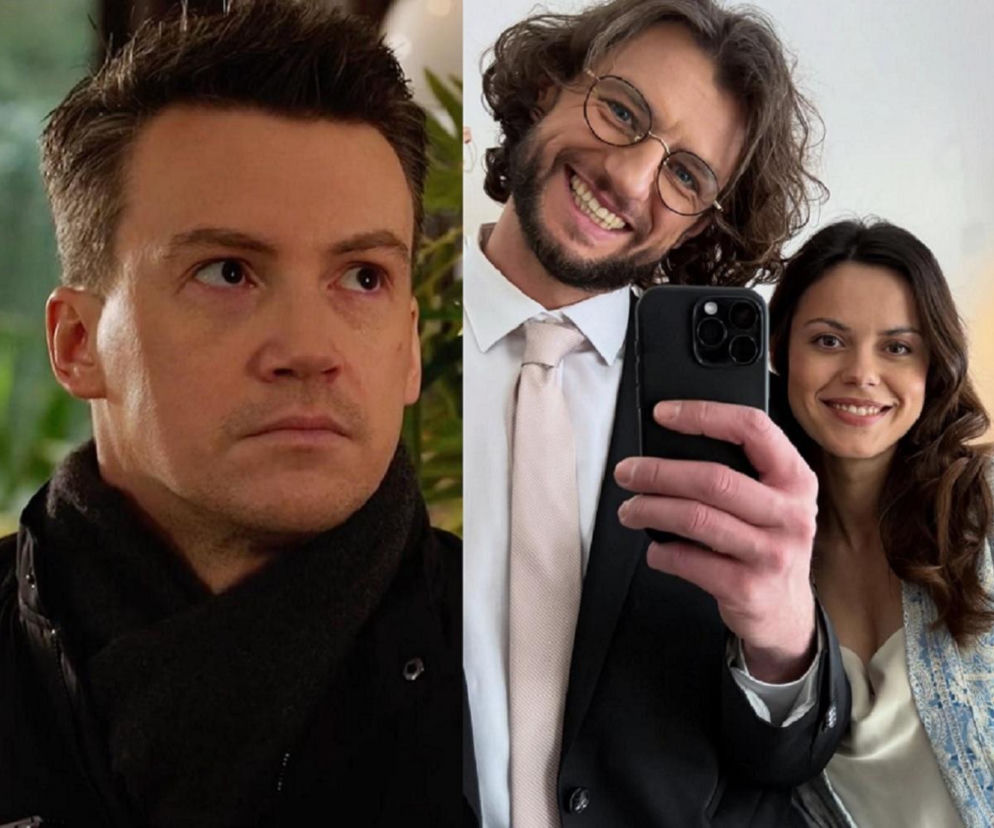 Krzysztof Kwiatkowski jako Jakub z M jak miłość spogląda w bok, na prawo Paulina Lasota (Kasia) i Mateusz Mosiewicz (Mariusz) pozują do selfie. Czy Jakub dowie się o ojcostwie Zosi? Więcej o tym wątku z serialu M jak miłość na Super Seriale.