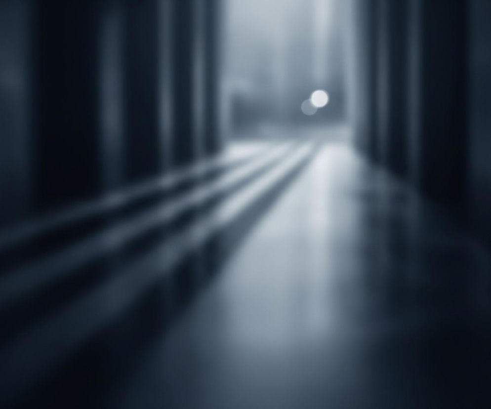 Rozmyty obraz przedstawia ciemny korytarz lub przejście w odcieniach szarości i błękitu. Na podłodze widoczne są cztery równoległe, jasne pasy światła, które zdają się rzucać cień lub pochodzić z niewidocznego źródła po lewej stronie. Dwa jasne, okrągłe punkty świetlne, przypominające lampy lub odległe obiekty, są widoczne w głębi obrazu, gdzie korytarz staje się jaśniejszy.