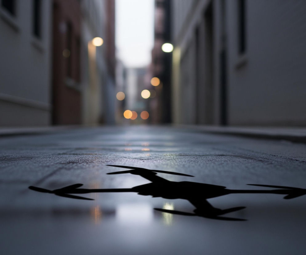 Na pierwszym planie, centralnie, leży ciemna sylwetka drona z czterema ramionami zakończonymi śmigłami, odbijająca się w wilgotnej, ciemnoszarej nawierzchni. Droga prowadzi w głąb obrazu, gdzie po obu stronach wznoszą się jasnoszare budynki. W tle rozmazane, ciepłe światła uliczne w odcieniach pomarańczu i bieli tworzą efekt bokeh.