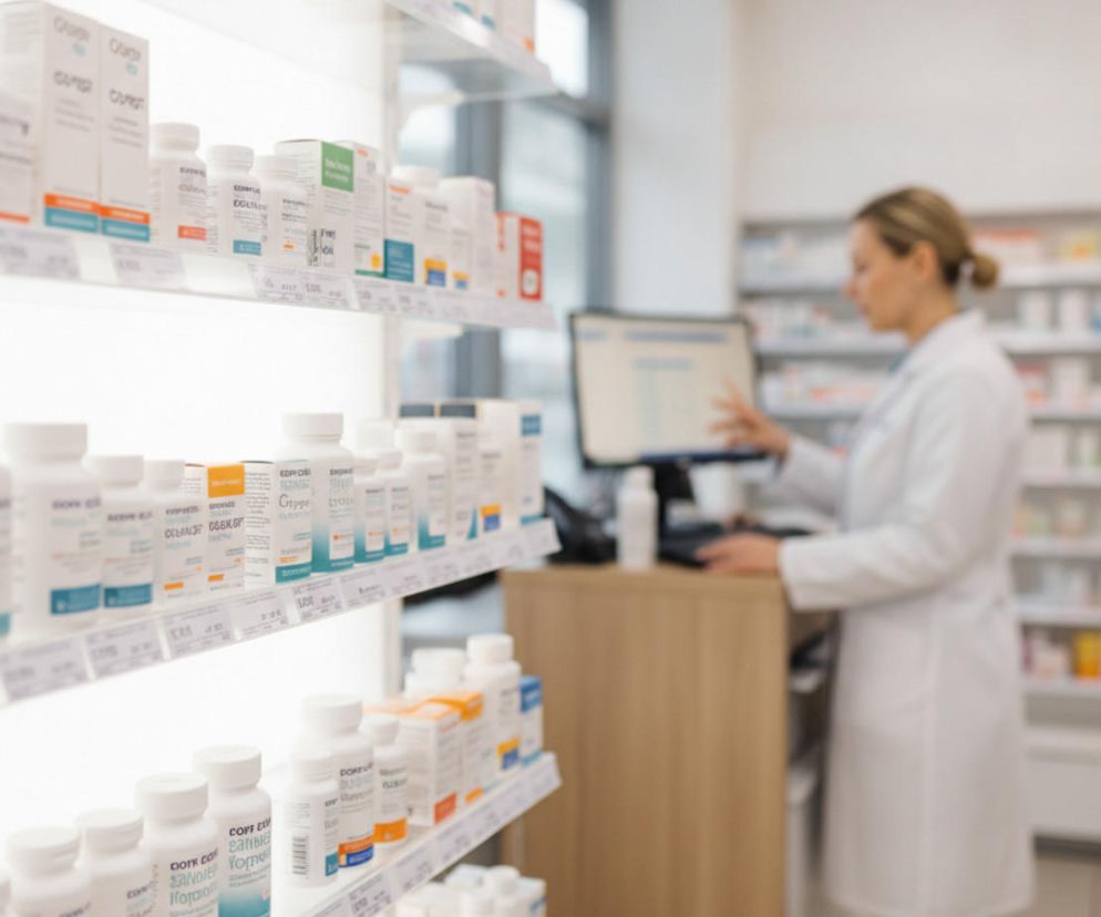 Farmaceutka przy komputerze w aptece obok półek z lekami. O zmianach w refundacji leków przeczytasz na Poradnik Zdrowie.