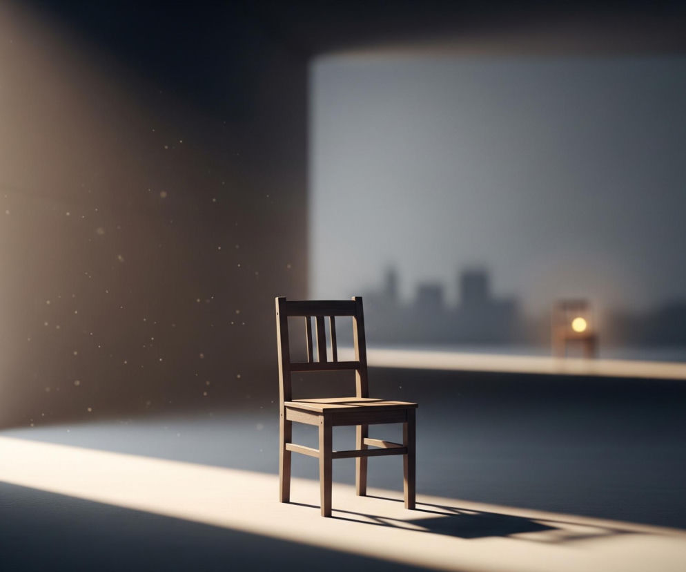 Drewniane krzesło z czterema szczeblami w oparciu stoi na środku obszernego, pustego pokoju o betonowych ścianach. Po lewej stronie pokoju znajduje się wysokie, pionowe okno, z którego wpada jasne, ciepłe światło, tworząc długi cień krzesła na podłodze i oświetlając kurz unoszący się w powietrzu. Po prawej stronie, w oddali, widać kolejny, mniejszy otwór w ścianie, za którym majaczą niewyraźne, ciemne sylwetki budynków i jasny punkt światła, prawdopodobnie drugiej lampy lub okna, tworzący kontrast z ciemną, rozmazaną przestrzenią w tle.