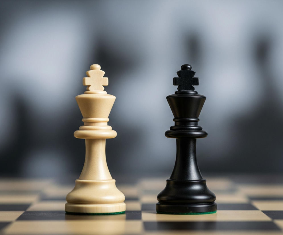 Dwie figury szachowe, biały król i czarny król, stoją obok siebie na szachownicy. Biały król znajduje się po lewej stronie, natomiast czarny król po prawej. Obie figury mają filcowe podstawy w kolorze zielonym. Szachownica składa się z jasnych i ciemnych kwadratów, z których tylko część jest wyraźnie widoczna w dolnej części obrazu. Tło jest rozmyte, utrzymane w odcieniach szarości.