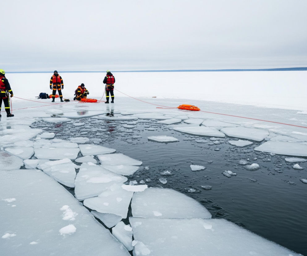 Cztery osoby w specjalistycznych, ocieplanych kombinezonach stoją na tafli lodu, wykonując ćwiczenia ratunkowe na zamarzniętym akwenie. Trzy osoby ubrane są w kombinezony czarno-pomarańczowe z kamizelkami ratunkowymi, a jedna w kombinezon czarno-czerwony z kamizelką ratunkową i jaskrawożółtym kaskiem. Przed nimi widoczna jest duża szczelina w lodzie z ciemną wodą, wokół której pływają liczne, różnej wielkości bryły lodu; przez szczelinę rozciąga się pomarańczowa lina.