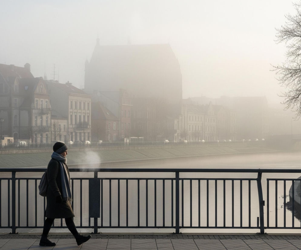 Kobieta w ciemnym płaszczu, szarej czapce i szaliku idzie chodnikiem z lewej strony kadru, a z jej ust wydobywa się obłok pary. Znajduje się ona obok ciemnej barierki, za którą rozciąga się rzeka. Po drugiej stronie rzeki widać szereg kamienic i budynków, częściowo zasłoniętych gęstą mgłą, dominującą w tle i na horyzoncie, gdzie widać sylwetkę dużego, zabytkowego gmachu. Po prawej stronie kadru ciemne, bezlistne drzewo, którego gałęzie rozciągają się w górę, tworząc kontrast z jasną, zamgloną poświatą.
