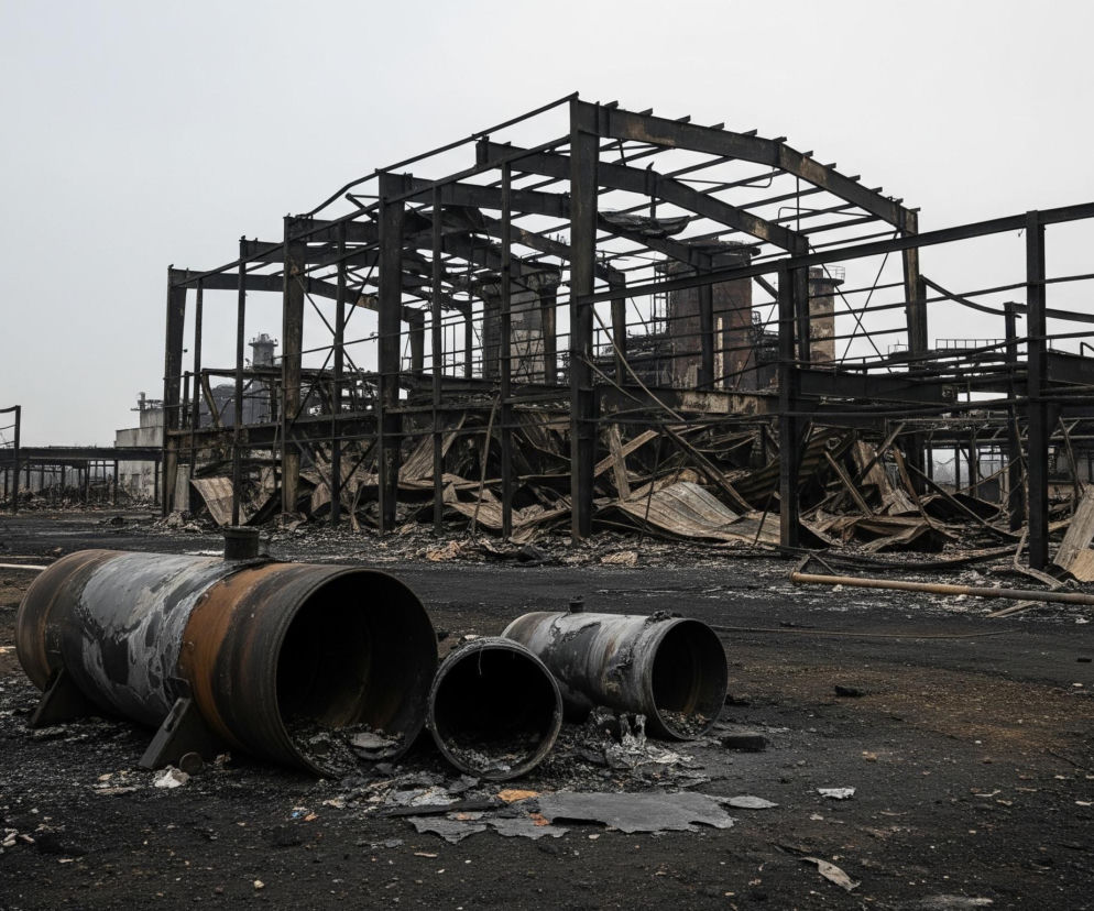 Na pierwszym planie widoczne są trzy cylindryczne, metalowe zbiorniki leżące na czarnym, zniszczonym gruncie. Zbiorniki są częściowo pokryte rdzą i śladami sadzy, a ich wnętrza wypełnia gruz. Za nimi rozciąga się przestrzeń z pozostałościami spalonego budynku, gdzie widać czarne, metalowe konstrukcje szkieletowe i połamane, zwęglone elementy dachu oraz ścian. Tło stanowi jasne, bezchmurne, szare niebo.