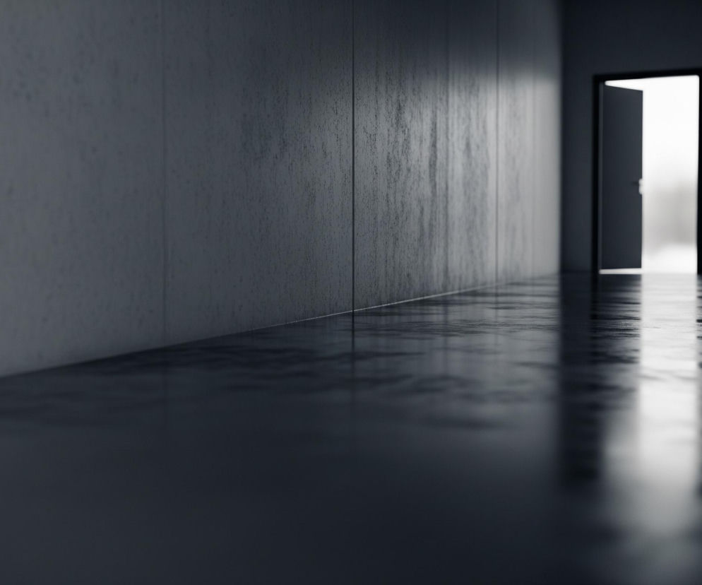 Ciemny korytarz z surowymi, szarymi ścianami i podłogą prowadzi w głąb obrazu, gdzie po prawej stronie znajduje się uchylone drzwi. Zza drzwi bije intensywne, białe światło, które tworzy wyraźny kontrast z półmrokiem korytarza i odbija się na błyszczącej, nierównej powierzchni podłogi. Na ścianach widać pionowe linie i delikatne tekstury, a podłoga jest lekko zabrudzona lub nierówna, co dodaje głębi scenie.