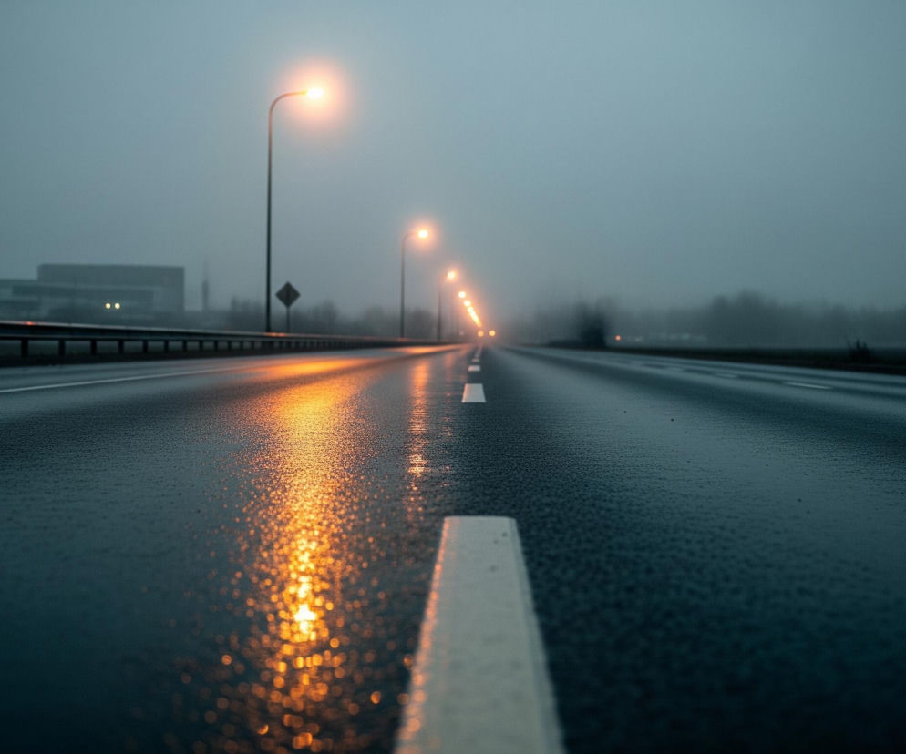 Długa, mokra autostrada biegnie prosto w głąb obrazu, zajmując większą część kadru. Jej ciemnoszara, lśniąca nawierzchnia odbija jaskrawe, pomarańczowe światła latarni ulicznych, które rozciągają się wzdłuż lewej krawędzi drogi i zlewają się w oddali. Na środku jezdni widać grubą, białą linię ciągłą, która wraz z perspektywą zwęża się ku horyzontowi. Po lewej stronie autostrady znajduje się metalowa barierka ochronna, za którą widoczne są niewyraźne zarysy budynków i drzew, zanurzone w szarej, mglistej atmosferze, która dominuję również niebo.
