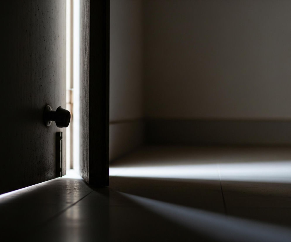 Na pierwszym planie, z lewej strony, widoczne są otwarte, ciemne drzwi z czarną gałką. Przez szczelinę między drzwiami a futryną wpada jasne światło, tworząc pionowy pas jasności. Światło to rozświetla również fragment podłogi z prawej strony, tworząc długi, promienisty cień. Reszta pomieszczenia po prawej stronie pozostaje w półmroku, a w tle widać ciemną ścianę z listwą przypodłogową.