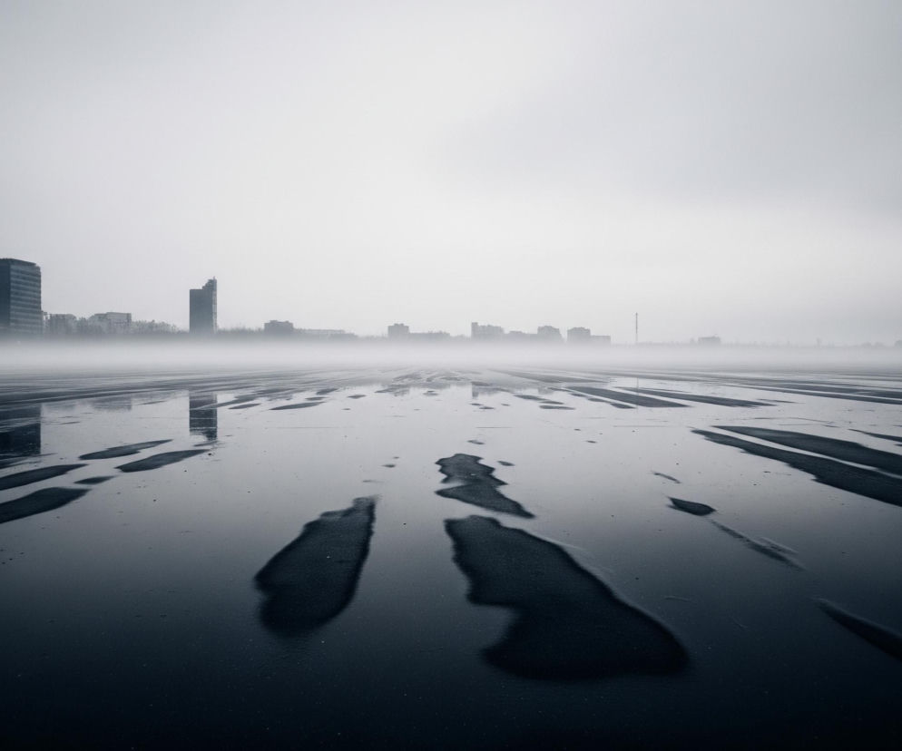 Poniżej znajduje się duża, mokra powierzchnia, prawdopodobnie asfaltowa lub betonowa, z licznymi kałużami i odbiciami, zajmująca dolną połowę kadru. Powierzchnia ta, w odcieniach ciemnej szarości i błękitu, jest usiana nieregularnymi, ciemniejszymi plamami, które tworzą ślady lub wzory rozciągające się w głąb kadru. W tle, na horyzoncie, rozciąga się miejski krajobraz zarysowany przez gęstą mgłę lub zamglenie, które zaciera detale budynków i drzew. Najwyraźniej widoczny jest jeden duży, prostokątny budynek po lewej stronie, którego ciemna bryła odbija się w mokrej nawierzchni. Górna część obrazu to jasne, niemal białe niebo, bez wyraźnych chmur, tworzące wrażenie pochmurnego lub bardzo zamglonego dnia.