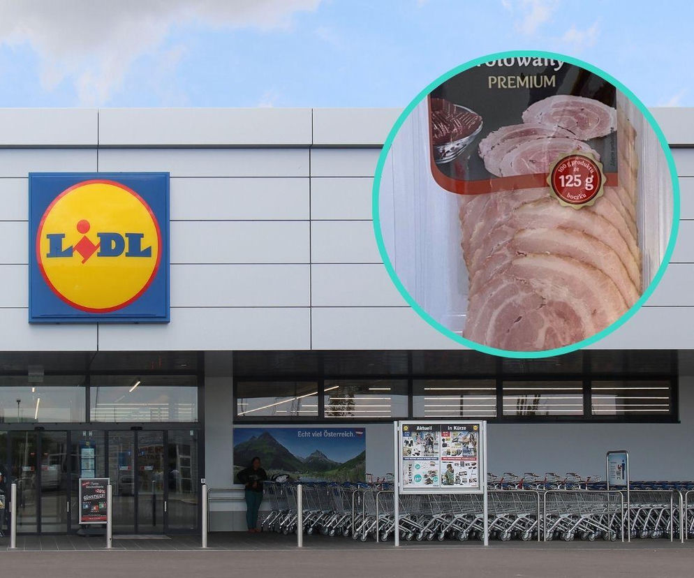 Zewnętrzny widok na sklep Lidl z niebiesko-żółtym logo, przed którym stoją wózki zakupowe. Na zdjęciu, w okręgu, widoczne jest opakowanie boczku rolowanego Pikok, wycofanego ze sprzedaży z powodu bakterii Listeria monocytogenes, o czym można przeczytać na Poradniku Zdrowie.