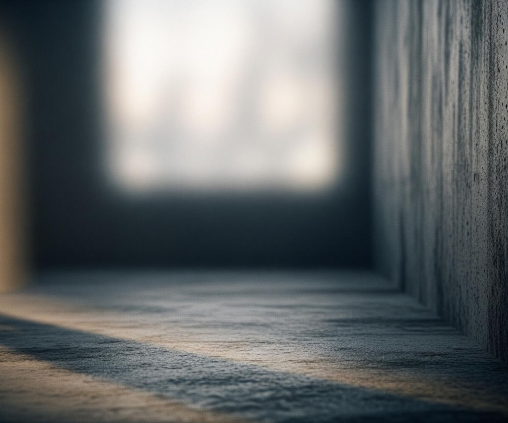 Na obrazie widoczne jest puste, betonowe pomieszczenie z rozmytym światłem w tle. W lewej części obrazu, na ścianie, znajduje się ciemna sylwetka postaci. Prawa ściana i podłoga posiadają szorstką, ziarnistą teksturę, z subtelnymi zmianami odcieni szarości i brązu, podkreślonymi przez padające światło. Głęboki cień postaci rozciąga się po podłodze w kierunku środka kadru.