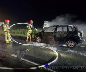 Pożar samochodu na DK73 koło Tarnowa. Pojazd spłonął doszczętnie