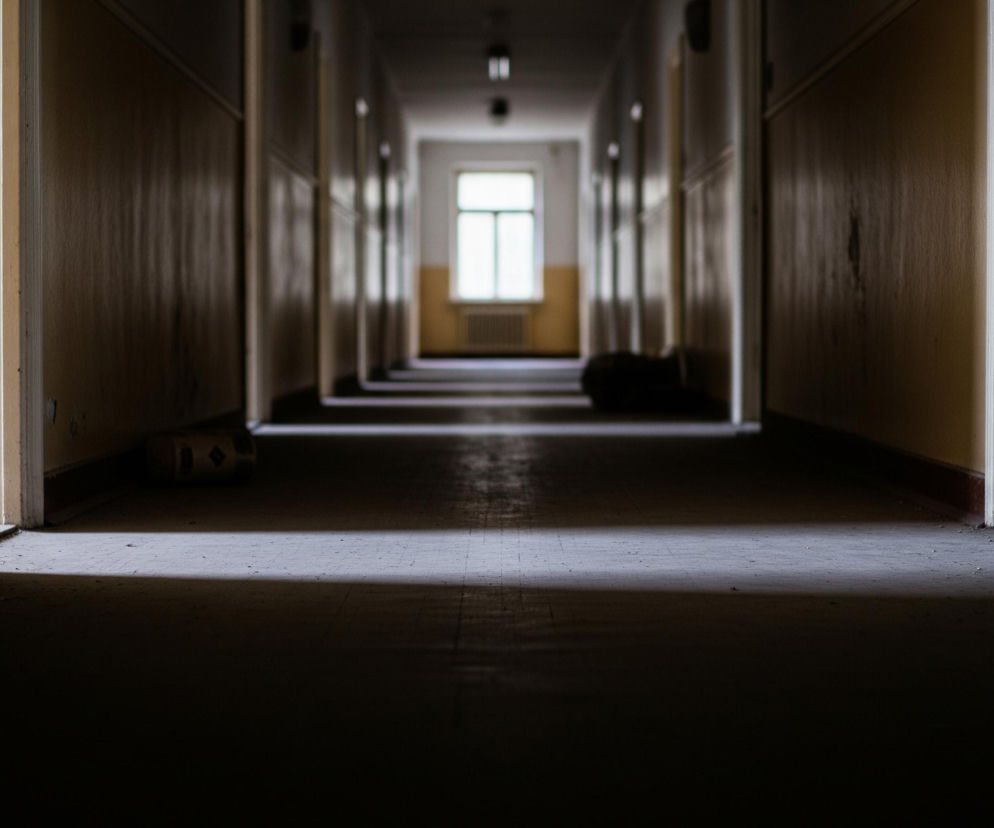 Długi, wąski korytarz z perspektywy centralnej, rozciągający się w głąb. Ściany są w kolorze beżowo-żółtym z ciemniejszymi panelami u dołu, a na powierzchni widać ślady obłażącej farby. Na końcu korytarza znajduje się prostokątne okno, z którego wpada jasne światło, tworząc wyraźny, jasny pas na podłodze. Po obu stronach korytarza widoczne są otwarte drzwi, a na podłodze, około jednej trzeciej długości od dołu obrazu, leży ciemny, nieokreślony przedmiot.