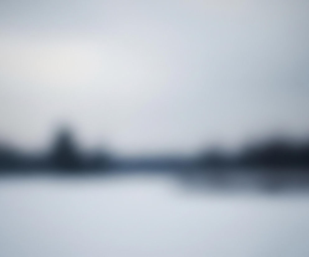 Rozmyty, panoramiczny obraz przedstawia zimowy pejzaż zdominowany przez odcienie bieli, szarości i granatu. Dolna połowa kadru to jasna, jednolita powierzchnia, prawdopodobnie zamarznięty zbiornik wodny lub pokryta śniegiem ziemia, stopniowo ciemniejąca ku dołowi. Na linii horyzontu, dzielącej obraz mniej więcej na pół, widoczne są ciemne, rozmyte kształty sugerujące zarys odległych drzew lub zabudowań. Górna część zdjęcia to pochmurne niebo, jaśniejsze w centrum i ciemniejące ku krawędziom.