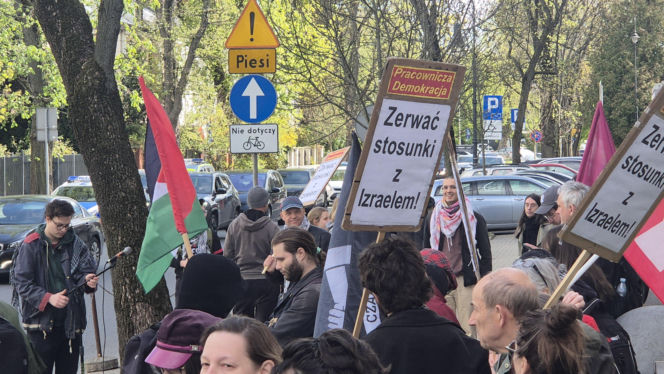 Manifestacja przed ambasadą Izraela. W tle zatrzymanie statku z Polką na pokładzie