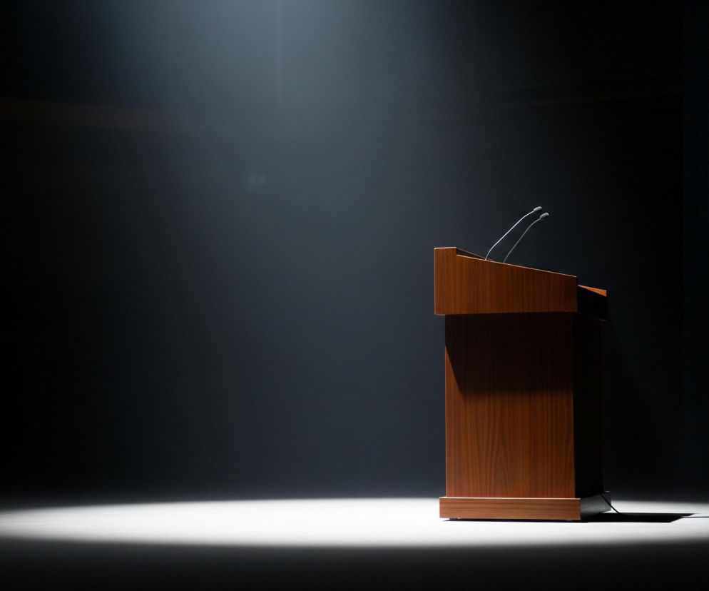 Drewniana mównica o brązowym, błyszczącym wykończeniu stoi po prawej stronie kadru, oświetlona silnym, białym światłem z góry, tworzącym okrągłą plamę na podłodze. Na jej skośnym blacie umieszczone są dwa srebrne mikrofony na giętkich wysięgnikach. Tło jest całkowicie ciemne, czarne, z wyjątkiem delikatnej, rozproszonej poświaty światła widocznej w górnej części kadru, schodzącej na dół i oświetlającej lewą stronę mównicy.