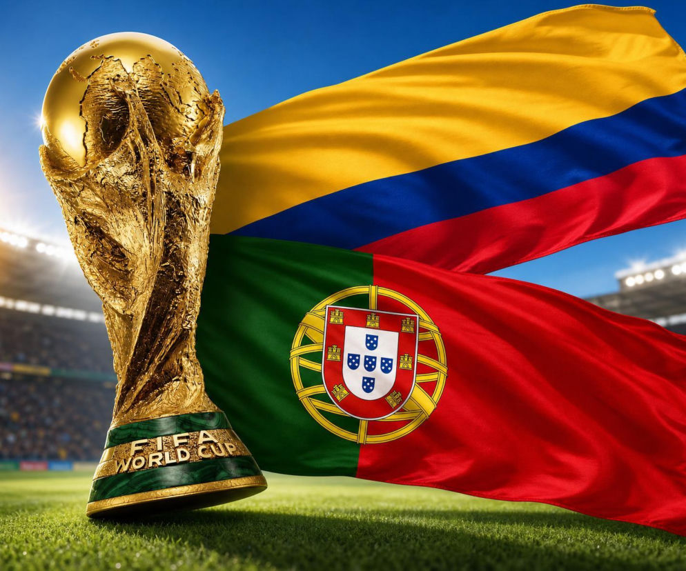Złoty Puchar Świata FIFA na tle flag Kolumbii i Portugalii, powiewających na stadionie piłkarskim, symbolizuje nadchodzące starcie na Mundialu 2026. Pełne statystyki meczu i składy znajdziesz na naszym portalu.