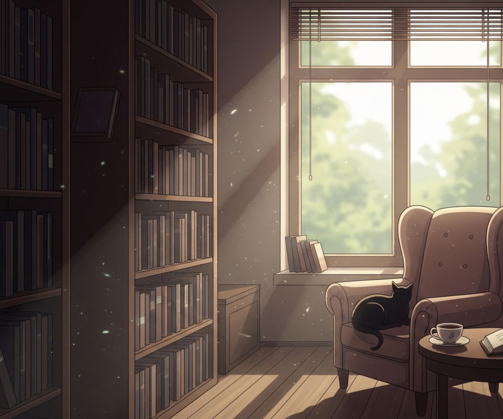 Wnętrze pokoju z dominującymi regałami pełnymi książek po lewej i prawej stronie. Na środku, przy oknie z drewnianymi żaluzjami, stoi beżowy fotel, w którym leży czarny kot. Obok fotela znajduje się mały okrągły stolik z filiżanką kawy i otwartą książką. Promienie słońca wpadają przez okno, tworząc jasne plamy na podłodze i oświetlając kurz unoszący się w powietrzu.
