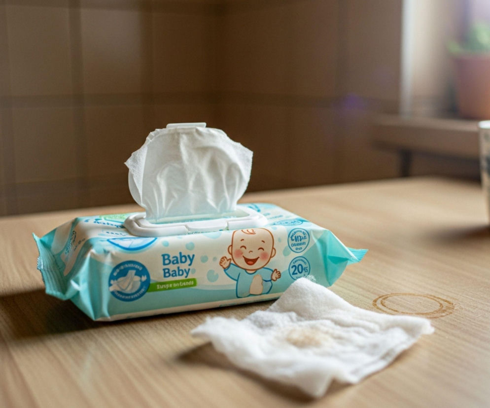 Opakowanie chusteczek dla dzieci Baby Happy leży na drewnianym stole, obok leży zabrudzona chusteczka. Rodzice powinni sprawdzić numery partii wycofanych chusteczek, o czym można przeczytać na Super Biznes.