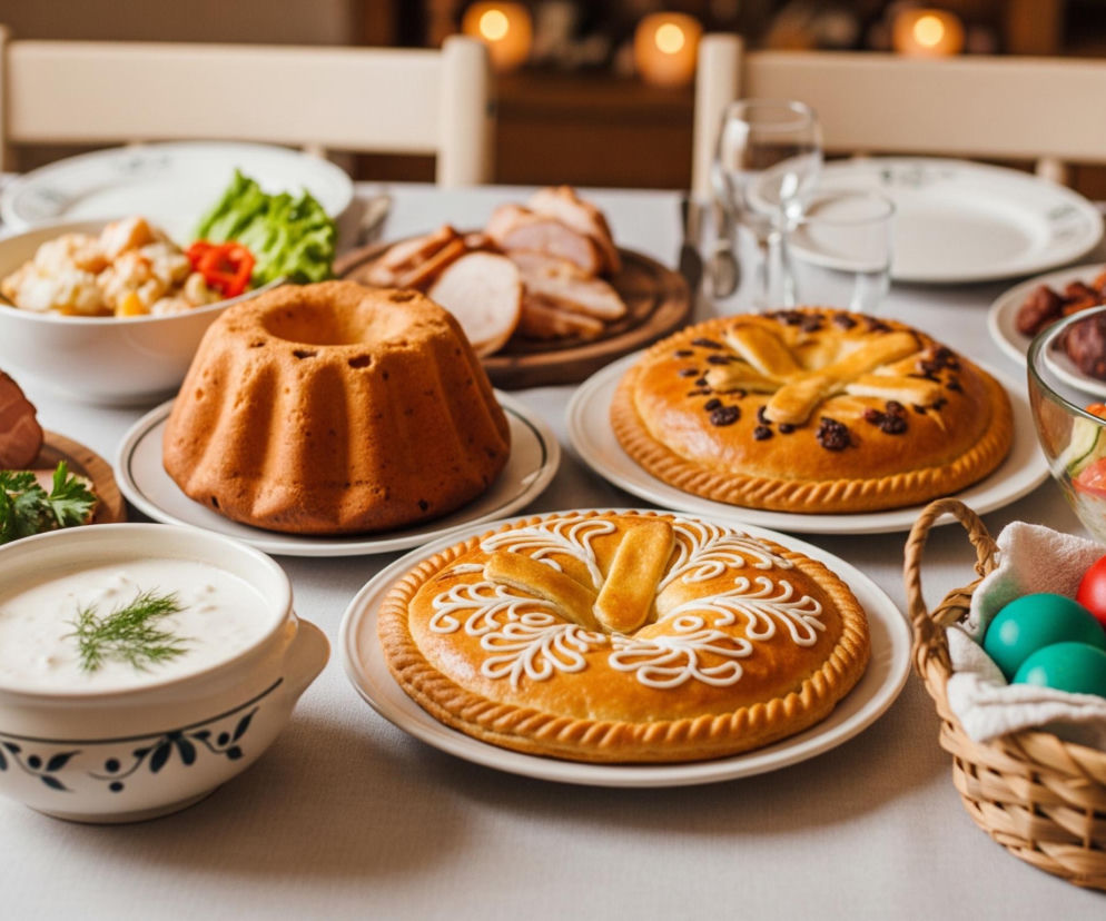 Na białym obrusie rozłożonym na stole widoczny jest bogato zastawiony posiłek, z różnorodnymi potrawami rozmieszczonymi na naczyniach. W centralnej części obrazu znajduje się złociste ciasto drożdżowe w kształcie babki z otworem pośrodku oraz dwa okrągłe pieczywa, jedno ozdobione białymi esami-floresami, a drugie ciemniejszym wzorem z wypiekanych kawałków. Po lewej stronie stołu ułożone są plastry szynki i mięsa pieczonego na drewnianej desce, obok miseczki z białym sosem posypanym koperkiem. Na stole widoczne są również salaterki z sałatkami, jedna z ziemniaków i kolejna z warzyw, a także koszyk wiklinowy wypełniony barwnymi, pomalowanymi jajkami w kolorach czerwonym, zielonym, turkusowym i fioletowym.