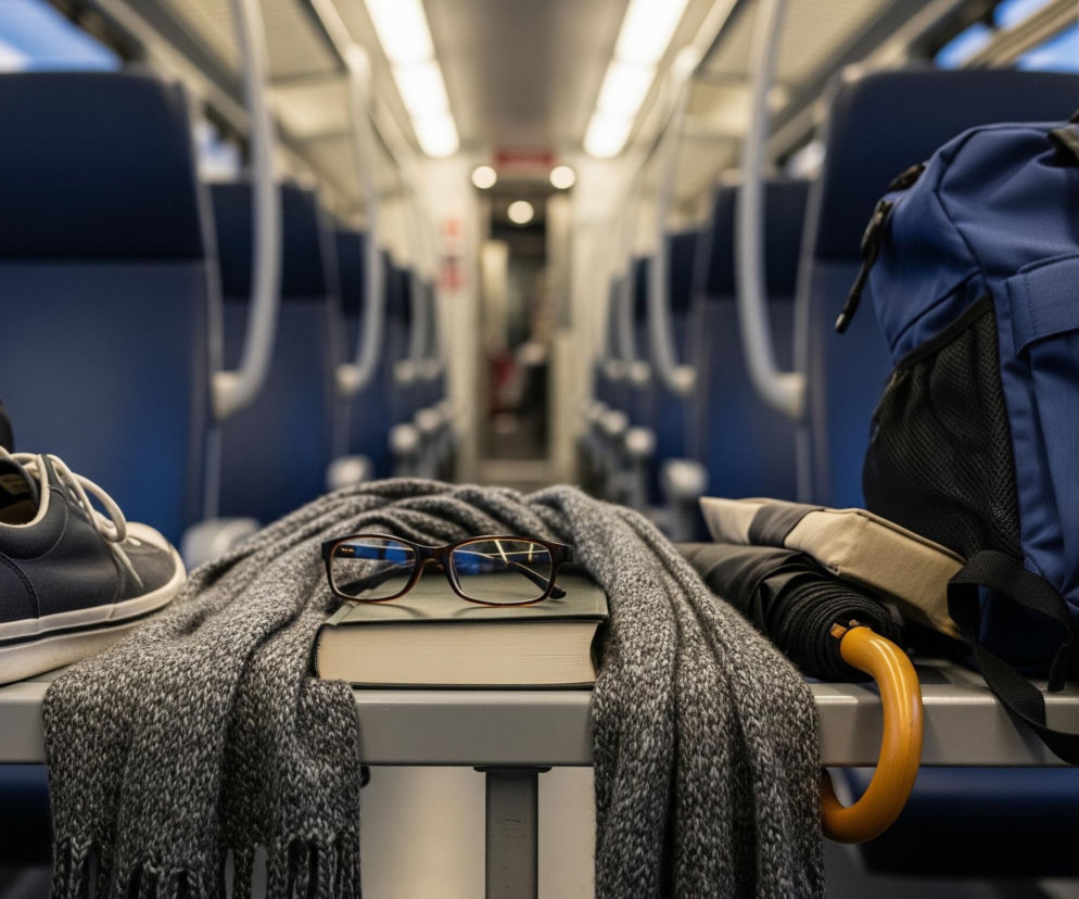 Na pierwszym planie, na szarej półce lub oparciu siedzenia w pociągu, leżą podróżne przedmioty. Centralnie umieszczona jest książka z jasnożółtymi brzegami stron, na której spoczywają brązowe okulary korekcyjne, a wszystko otulone jest szarym, dzianinowym szalikiem z frędzlami. Po lewej stronie widać fragment czarnej torby na zamek błyskawiczny oraz ciemnoszare, płócienne buty z białymi podeszwami i białymi sznurowadłami. Po prawej stronie leży złożony czarny parasol z drewnianą, wygiętą rączką w kolorze pomarańczowo-brązowym, a za nim stoi niebieski plecak z czarnymi szelkami. W tle widoczny jest rozmyty korytarz wagonu pociągowego z rzędami pustych, ciemnoniebieskich siedzeń i jasnym, podłużnym oświetleniem sufitowym.