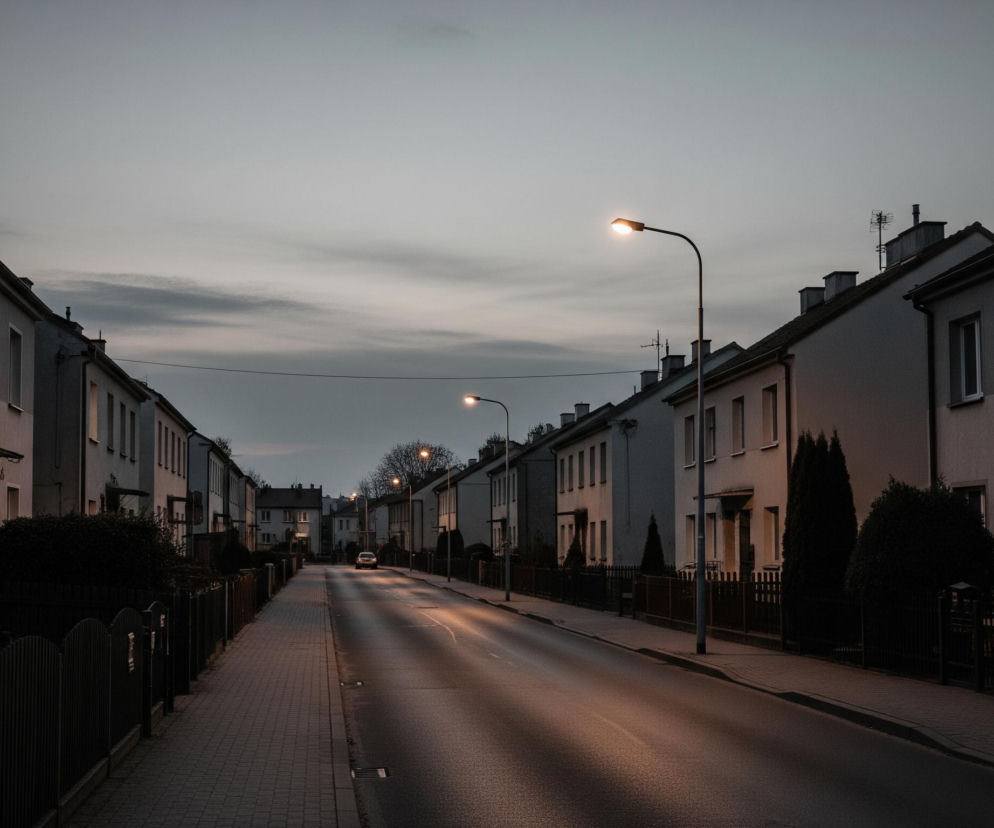 Długa ulica biegnie prosto przez szereg jednakowych domów mieszkalnych o jasnych elewacjach, po obu jej stronach. Po prawej stronie drogi widoczny jest szeroki chodnik z kostki brukowej, oddzielony od posesji ciemnym płotem z pionowych sztachet, za którym rosną tuje i krzewy. Na środku jezdni, odbijającej światło od pomarańczowych lamp ulicznych, widać pojedynczy samochód jadący w głąb ulicy. Niebo jest pochmurne, w szarych odcieniach.
