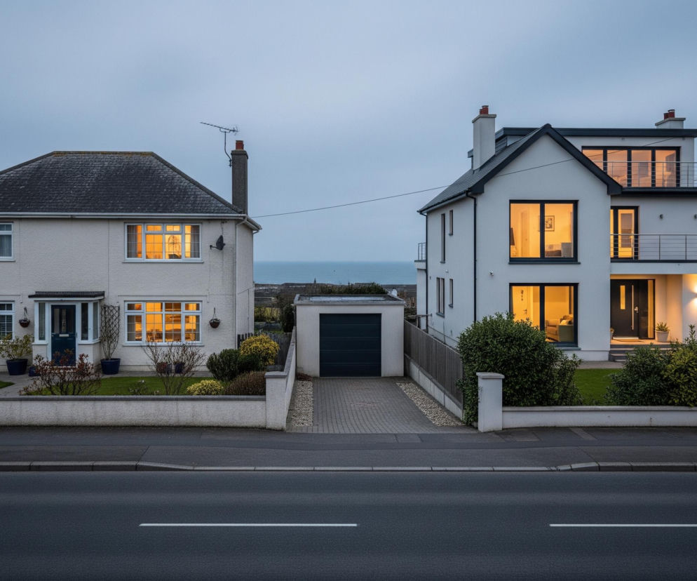 Przedstawione są dwa domy mieszkalne na tle morza i pochmurnego nieba, oddzielone brukowanym podjazdem prowadzącym do garażu. Lewy dom, w kremowym kolorze, ma szary dwuspadowy dach, białe okna z podświetlonymi wnętrzami oraz ciemne drzwi wejściowe. Prawy budynek, nowoczesny i biały, posiada szary dach z płaskimi elementami i balustradami na balkonach, a jego liczne okna i przeszklenia również rozświetlają ciepłym blaskiem wnętrza. Na pierwszym planie widoczna jest ciemna asfaltowa ulica z jedną białą, przerywaną linią.