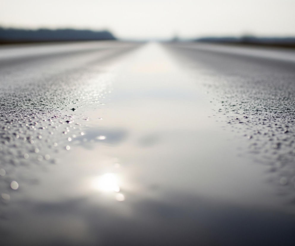 Na pierwszym planie widoczna jest mokra powierzchnia, prawdopodobnie asfalt, pokryta licznymi drobnymi kroplami wody, z wyraźnym pasem kałuży biegnącym przez środek kadru. Odblask słońca lub jasnego nieba tworzy świetlistą plamę na powierzchni wody, a na dalszym planie, w oddali, zamglony horyzont z ciemnymi zarysami drzew i budynków. Cały obraz utrzymany jest w stonowanych odcieniach szarości i bieli, z efektem płytkiej głębi ostrości skupionej na pierwszym planie.