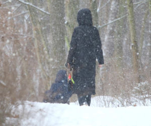 Marta Kaczyńska z synem i psami na sankach w lesie