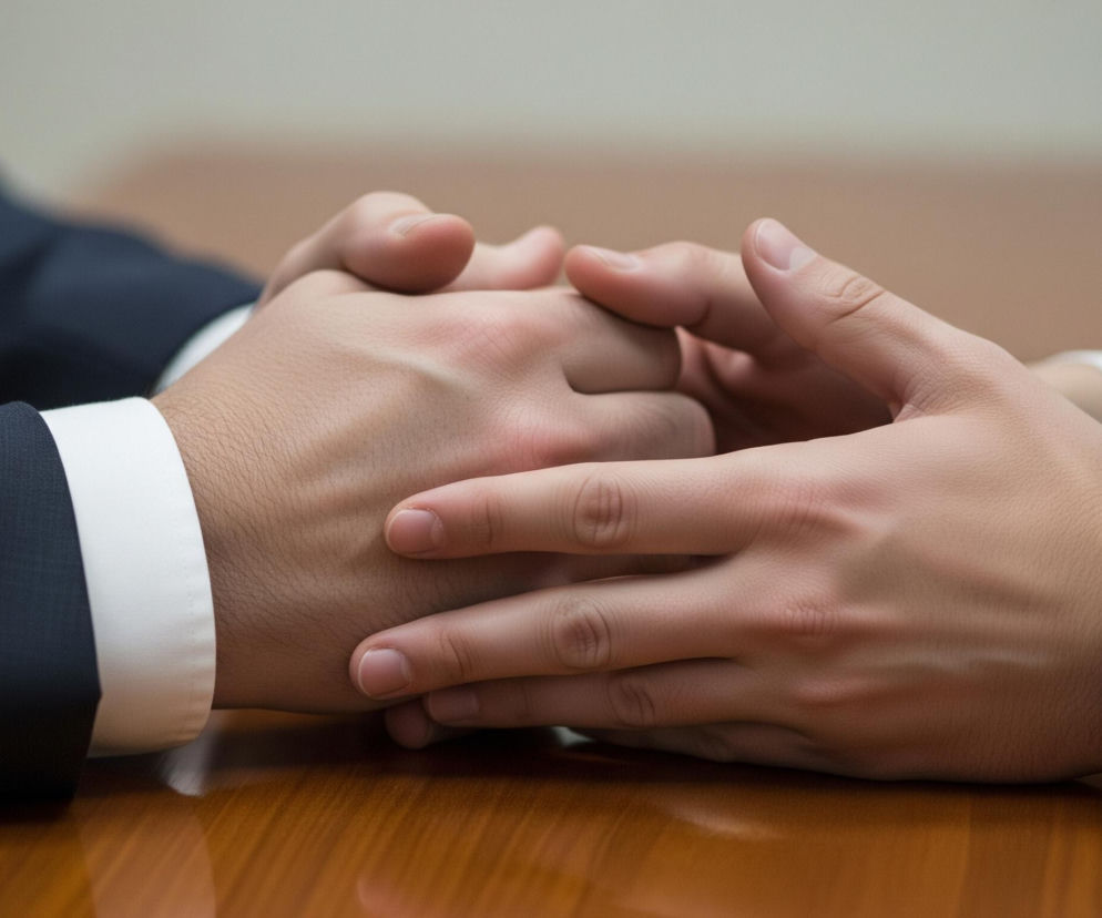 Na drewnianym, błyszczącym stole spoczywają splecione dłonie osoby ubranej w ciemny garnitur z białą koszulą. Lewa dłoń zakrywa prawą, palce są zgięte i ciasno ułożone. Widoczne są fragmenty rękawów garnituru, z mankietami białej koszuli, a po lewej stronie kadru znajduje się niewyraźny szklany przedmiot, prawdopodobnie szklanka z wodą. Tło jest jasne i rozmyte.