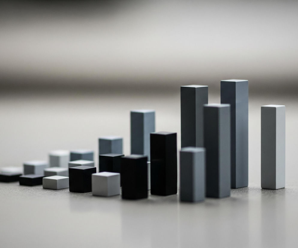 Rząd czarnych i szarych prostopadłościanów różnej wysokości, ustawionych na płaskiej, szarej powierzchni, tworzy wizualizację rosnącego wykresu słupkowego. Obiekty są rozłożone w perspektywie, z najniższymi i najmniejszymi elementami po lewej stronie, stopniowo zwiększającymi się w stronę prawego górnego rogu obrazu. Tło jest jasnoszare, rozmyte, co podkreśla ostrość i trójwymiarowość prostopadłościanów.