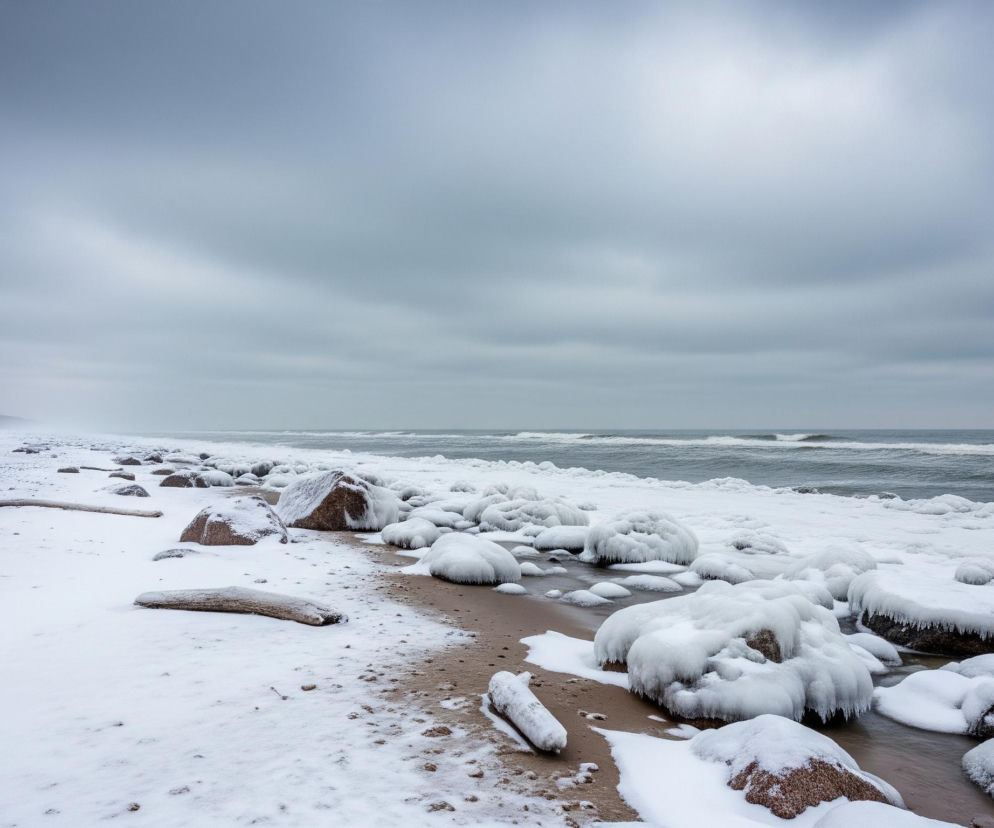 Zimowy krajobraz przedstawia plażę pokrytą śniegiem i lodem, przylegającą do wzburzonego morza pod zachmurzonym niebem. Na pierwszym planie, w dolnej części obrazu, znajduje się piaszczysta plaża częściowo pokryta białym śniegiem, z widocznymi brunatnymi kamieniami i fragmentami drewna, również obsypanymi śniegiem. Wzdłuż linii brzegowej, szereg kamieni i dużych głazów jest obficie pokryty grubą warstwą śniegu i zwisającymi soplami lodu. Morze po prawej stronie ma ciemnoszary kolor, a na jego powierzchni widać białe grzywy fal, które w pewnym stopniu stykają się z zamarzniętym brzegiem. Horyzont tworzy linię pod niskimi, szarymi chmurami, które dominują na niebie, nadając całości pochmurny i chłodny wygląd.