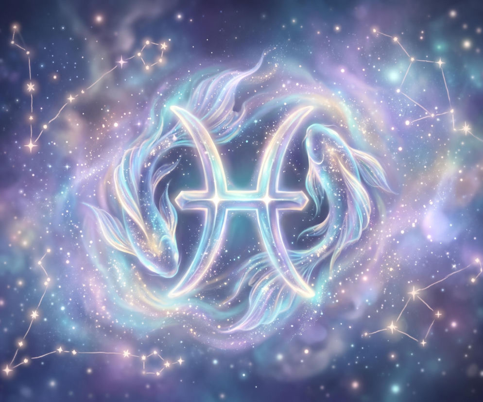 Świecący symbol znaku zodiaku Ryby na tle dwóch ryb i kosmosu. O horoskopie dziennym dla Ryb przeczytasz w Eska.