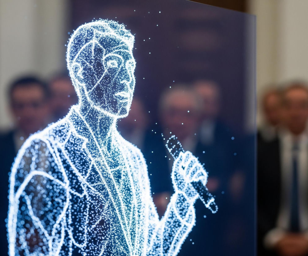 Na pierwszym planie, z prawej strony, stoi przezroczysty ekran, na którym wyświetlony jest świecący, biało-niebieski model ludzkiej sylwetki, składający się z drobnych punktów i linii. Postać przedstawia mężczyznę w koszuli z kołnierzykiem i marynarce, z mikrofonem w prawej dłoni, skierowanego w prawą stronę. Tło jest rozmyte, ukazując niewyraźne sylwetki osób stojących w rzędzie, oświetlonych delikatnym, ciepłym światłem.