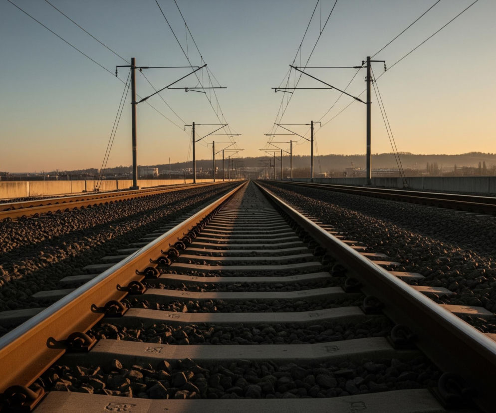 Dwa równoległe tory kolejowe, zbudowane z metalowych szyn spoczywających na betonowych podkładach i żwirze, rozciągają się w głąb obrazu, zbiegając się w odległym punkcie horyzontu. Po obu stronach torów biegną betonowe murki, a nad nimi widać słupy trakcyjne z rozwieszonymi kablami. Horyzont dominuje błękitne niebo przechodzące w żółto-pomarańczowy odcień zachodzącego słońca. W oddali, na horyzoncie, rysują się niewyraźne sylwetki budynków i drzew.