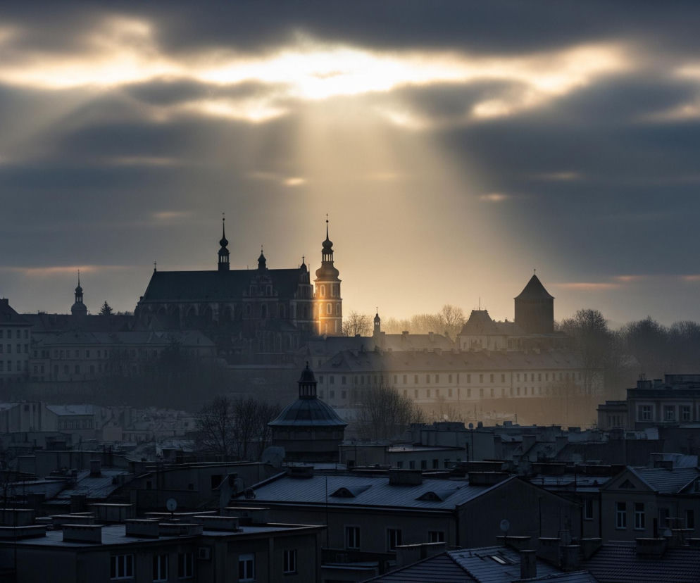 Miasto skąpane jest w blasku słońca przebijającego się przez ciemne chmury, tworząc złote smugi światła oświetlające centralną część horyzontu. Na pierwszym planie widać ciemne dachy i fasady budynków mieszkalnych, pokryte cienką warstwą śniegu lub szronu, tworzącą jaśniejsze krawędzie i płaszczyzny. W tle, ponad linią miejskich zabudowań, dominują monumentalne konstrukcje: z lewej strony duży, ciemny kościół z dwiema wieżami zakończonymi smukłymi iglicami, a obok niego, po prawej, wieża kościoła rozświetlona mocnym, złotym promieniem słońca, który podkreśla jej detale architektoniczne i nadaje jej blask. Dalej po prawej stronie znajduje się długi, jasny budynek z wieloma oknami, częściowo oświetlony, a za nim wznosi się ciemna, okrągła wieża. Horyzont zamykają lekko zamglone, bezlistne drzewa i sylwetki kolejnych budynków.
