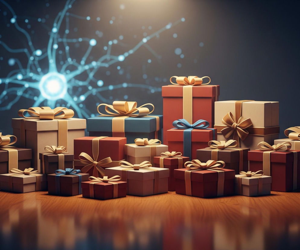 Wiele różnokolorowych prezentów z kokardami ułożonych jest na drewnianym stole. Dominują pudełka w odcieniach czerwieni, beżu, brązu i błękitu, przewiązane wstążkami i kokardami w kolorze złotym lub jasnoniebieskim. Z tyłu, na ciemnym tle, widać abstrakcyjny wzór przypominający rozgałęzione struktury nerwowe, świecące błękitnym światłem, z centralnym, jaśniejszym punktem po lewej stronie. Cała scena jest oświetlona z góry, tworząc refleksy na błyszczącej powierzchni stołu i delikatne cienie za prezentami.