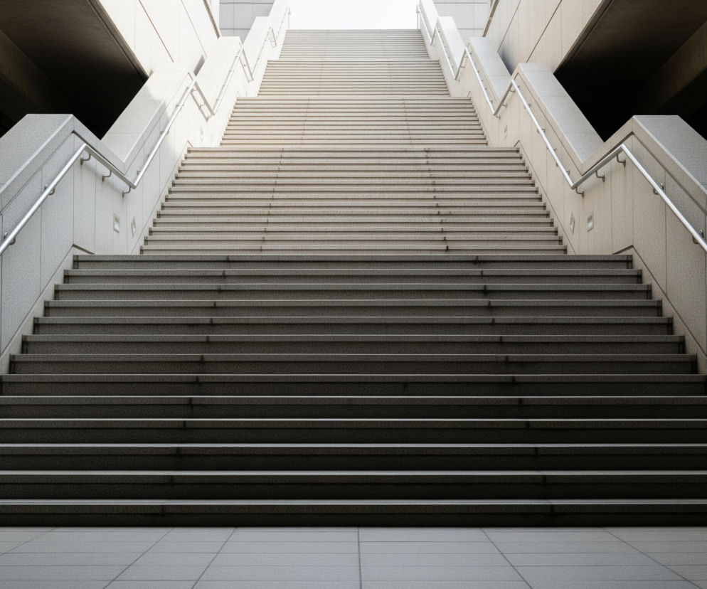 Długie, szerokie schody dominują centralną część obrazu, prowadząc w górę ku jasnemu, białemu niebu widocznemu na szczycie. Po obu stronach schodów biegną balustrady z jasnoszarych, drobnoziarnistych materiałów, z metalowymi, srebrnymi poręczami zamocowanymi wzdłuż ich wierzchołków. Dolna część schodów jest ciemniejsza, a stopnie i podłoga są w odcieniach szarości, przechodząc w jaśniejsze tony ku górze, gdzie światło staje się intensywniejsze. Po bokach schodów, bliżej dołu, znajdują się ciemne, prostokątne otwory pod stropami, nadające wrażenie tunelu lub przejścia.