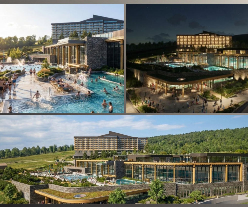 Wizualizacje kompleksu Bachleda Termy Kasprowy pod Gubałówką, ukazujące rozległe baseny geotermalne na tarasach oraz nowoczesną bryłę z kamienia i drewna, harmonijnie wpisaną w górski krajobraz Podhala. O tej inwestycji przeczytasz więcej na Architektura Murator Plus.